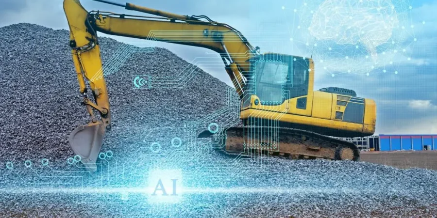 Witness the power of AI revolutionizing the mining industry. A mining site with a futuristic technology overlay, symbolizing the integration of AI in the mining industry.
