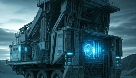 This image shows a futuristic mining operation with advanced machinery and technology. A futuristic mining operation with advanced machinery and technology.