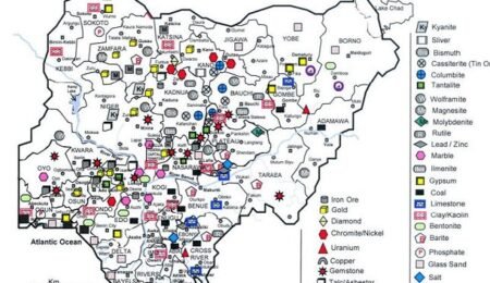 Nigeria: A Land of Abundant Mineral Wealth Map of Nigeria highlighting major mineral-rich zones, including areas with gold, gemstones, lithium, iron ore, and other valuable resources.
