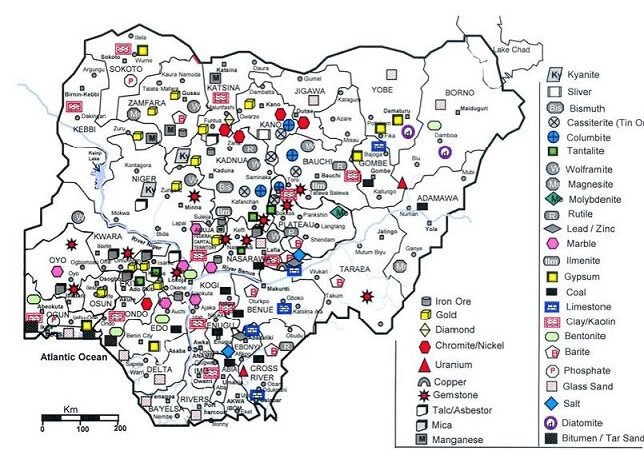 Map of Nigeria highlighting major mineral-rich zones, including areas with gold, gemstones, lithium, iron ore, and other valuable resources.