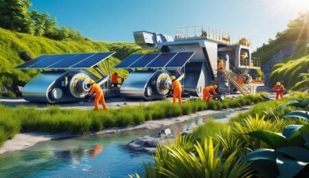 Mining can coexist with nature when sustainability becomes a priority. This image depicts the harmony between industry and the environment. A modern mining site powered by solar panels, surrounded by lush greenery and a clear blue sky, with workers operating eco-friendly machinery.