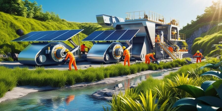 A modern mining site powered by solar panels, surrounded by lush greenery and a clear blue sky, with workers operating eco-friendly machinery.