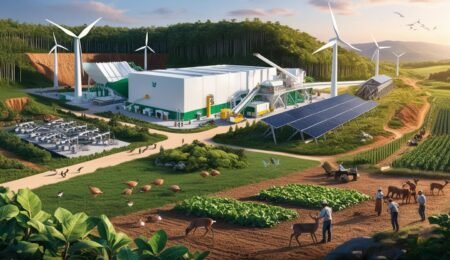 Economic growth and environmental preservation go hand in hand. This image illustrates a balanced approach to mining. A mining facility integrated with the environment, featuring wind turbines, solar panels, reforested areas, and wildlife coexisting with local agriculture.