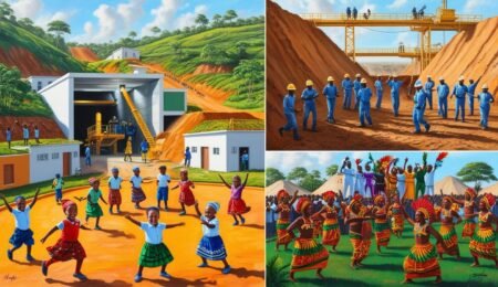 A rural Nigerian community with new schools and infrastructure near a modern mining site, showcasing cultural celebrations and collaboration.