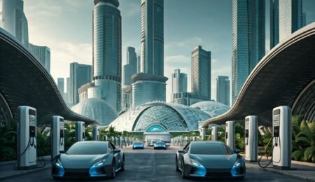 Nigeria is leading the way in Africa's electric vehicle revolution. A futuristic cityscape in Nigeria with electric vehicles and charging stations.