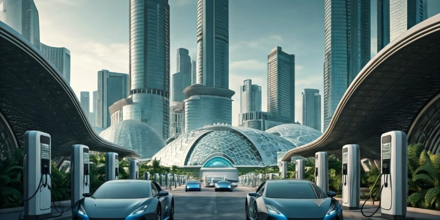 A futuristic cityscape in Nigeria with electric vehicles and charging stations.