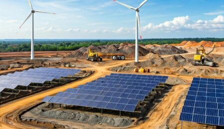 Nigeria's Lithium Mining: A Vision for a Sustainable Future A futuristic mining site in Nigeria, featuring advanced technology such as solar panels, wind turbines, and autonomous robots, working toward sustainable practices and preserving the environment.