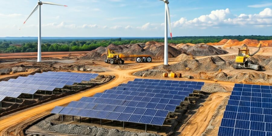 Nigeria's Lithium Mining: A Vision for a Sustainable Future A futuristic mining site in Nigeria, featuring advanced technology such as solar panels, wind turbines, and autonomous robots, working toward sustainable practices and preserving the environment.