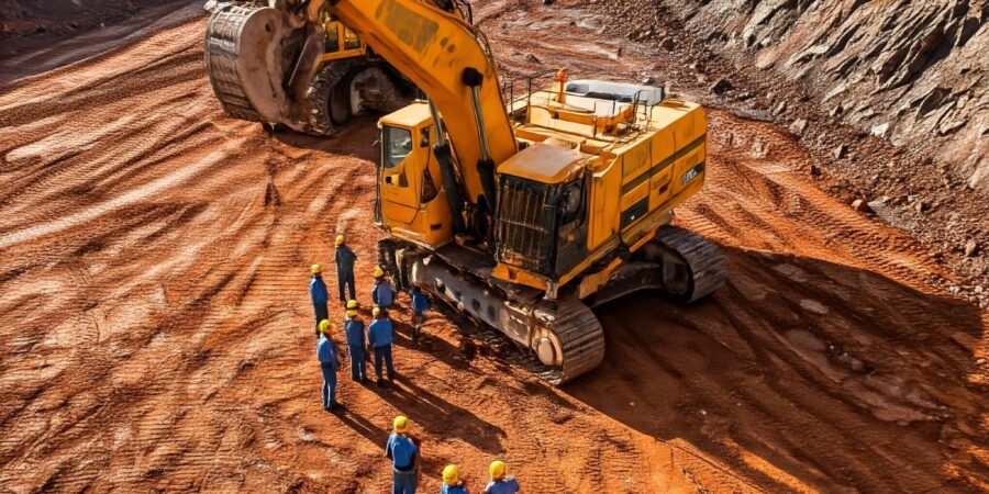 A group of Nigerian miners, wearing hard hats and safety goggles, working together in a copper mine, highlighting their safety protocols and the large excavators used.