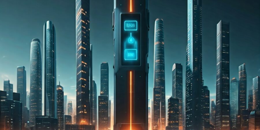 This vibrant, futuristic city represents a vision of Nigeria's potential as a leader in renewable energy and sustainable technology. A futuristic cityscape with sleek, towering buildings, illuminated by neon lights, and featuring automated transportation systems.