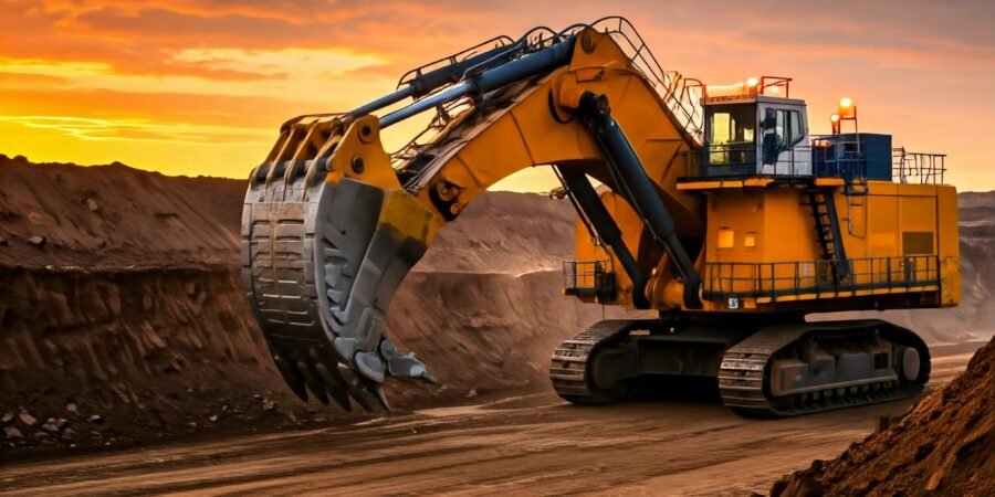 A colossal excavator, its red warning lights flashing, tears into the earth at a mining operation as the sun sets, casting a golden glow over the scene.