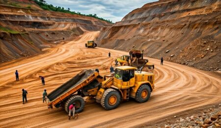 A photo of a Nigerian mining site with a group of people working together to overcome challenges.