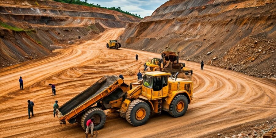 A photo of a Nigerian mining site with a group of people working together to overcome challenges.