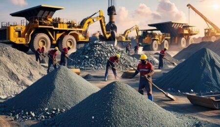A bustling mining site in Nigeria, where advanced mining projects are creating jobs and driving economic growth. Workers and machinery in an active mining site in Nigeria, extracting minerals from the earth.