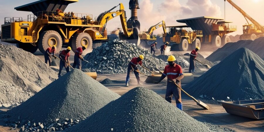 Workers and machinery in an active mining site in Nigeria, extracting minerals from the earth.