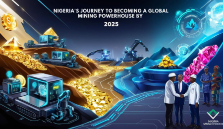 Futuristic mining landscape with diverse mineral resources and technological advancements.