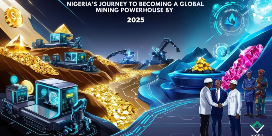 Futuristic mining landscape with diverse mineral resources and technological advancements.