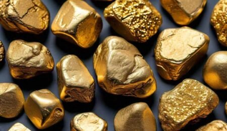 Close-up of gleaming gold nuggets, representing the rich gold mining opportunities in Nigeria. Close-up view of shiny gold nuggets clustered together, symbolizing wealth and mining opportunities.