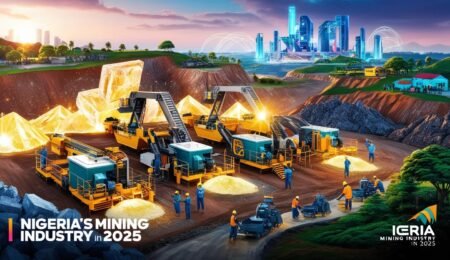 The future is here! Nigeria's mining industry is set to revolutionize with cutting-edge technology and abundant mineral wealth in 2025. Futuristic mining site with advanced technology and vibrant mineral deposits.