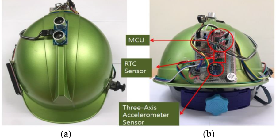 A high-tech safety helmet equipped with digital sensors and communication devices, enhancing miner safety in the Nigerian mining industry.