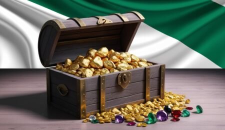 Nigeria's rich mineral resources hold immense potential for economic growth and development. A treasure chest filled with gold nuggets and precious stones, representing the vast mineral wealth of Nigeria.