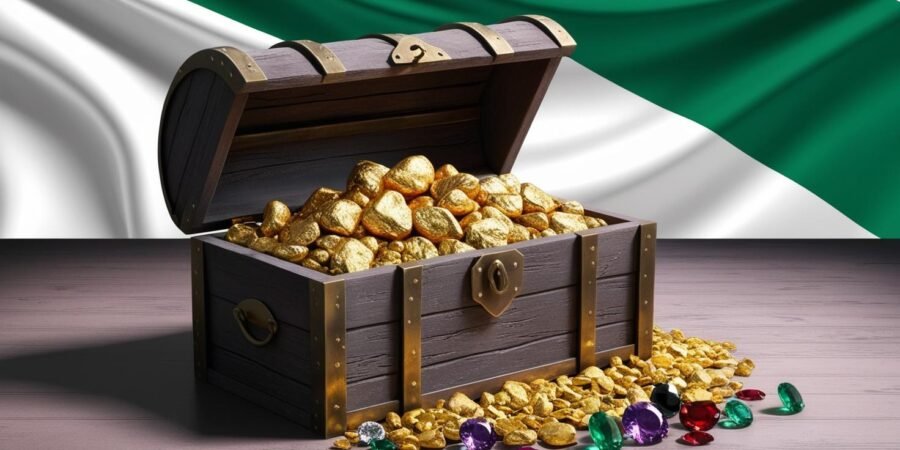A treasure chest filled with gold nuggets and precious stones, representing the vast mineral wealth of Nigeria.
