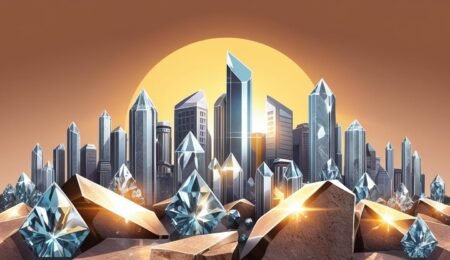 The future is solid: Nigeria's solid minerals are the key to economic prosperity. A cityscape built on sparkling mineral crystals, symbolizing Nigeria's economic prosperity.