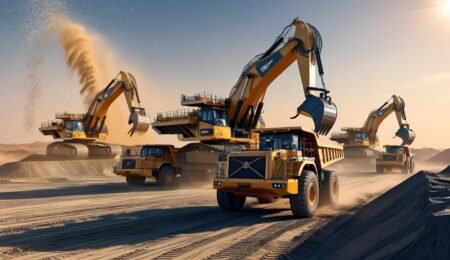 : Modern mining equipment working in a vast landscape, symbolizing overcoming challenges.