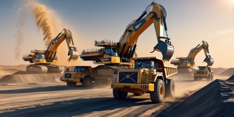 Conquering challenges, building empires: The future of Nigerian mining is here. : Modern mining equipment working in a vast landscape, symbolizing overcoming challenges.