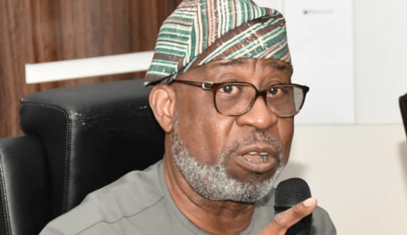 Dr. Dele Alake, Minister of Solid Minerals Development, speaks about the launch of the "Hidden Riches" TV series. Dr. Dele Alake, Minister of Solid Minerals Development, addressing an audience at a press conference.