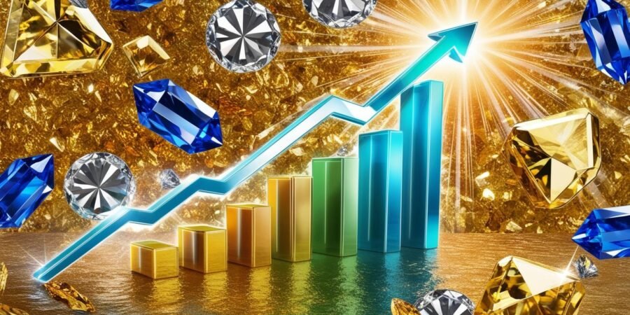 Witness your portfolio soar with the explosive growth potential of Nigerian mining. A rapidly rising graph against sparkling mineral crystals, representing portfolio transformation through Nigerian mining.