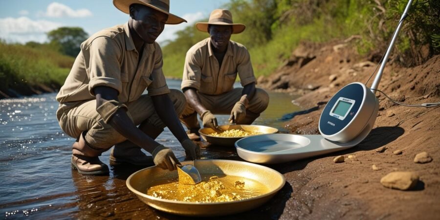 The thrill of discovery: Prospectors find promising gold in a Nigerian stream. Nigerian gold prospectors kneel by a shallow stream, sunlight reflecting off gold nuggets in their pan. A sleek metal detector rests on the bank.