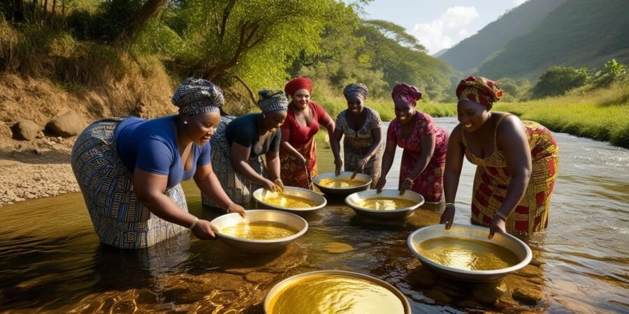 Women panning for gold in a shallow river in Nigeria, using traditional methods and tools.