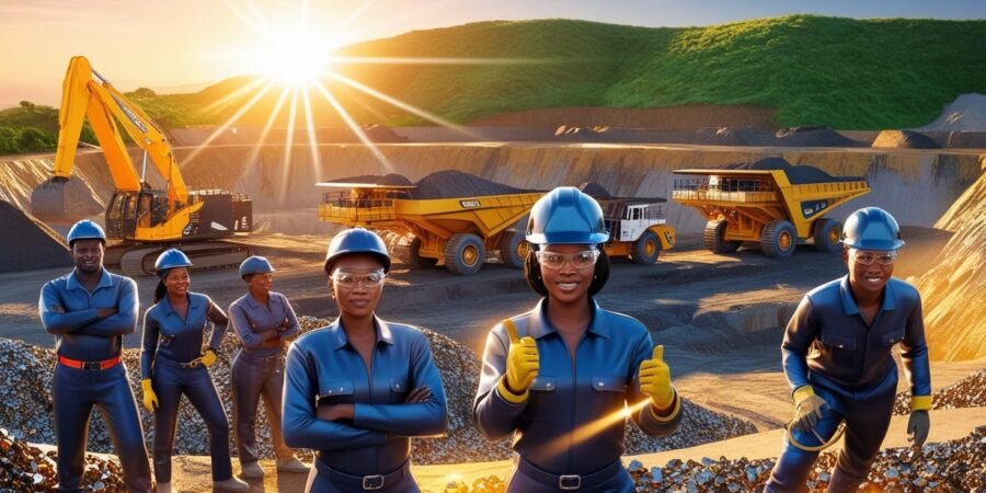 Miners at work in Zamfara State, Nigeria, showcasing the blend of tradition and modernity in gold mining, with hopes of economic transformation shining as brightly as the morning sun. Miners in safety gear working at a modern gold excavation site in Zamfara State, Nigeria, with large mining equipment and sun rays breaking through a clear sky over green hills.