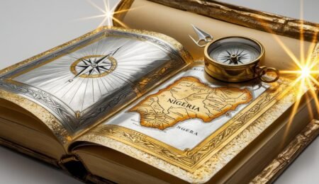 Navigate Nigeria's mining laws with ease and unlock instant success. An open book of shimmering metal with a compass, symbolizing easy navigation of Nigerian mining laws.
