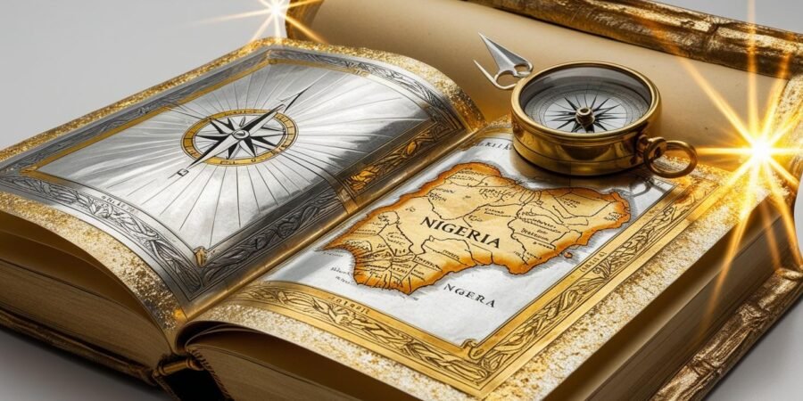 An open book of shimmering metal with a compass, symbolizing easy navigation of Nigerian mining laws.
