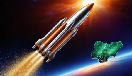 Get in early on the next big thing: Nigeria's mining sector is poised for hypergrowth. A rocket launching with a gold dust trail, symbolizing the hypergrowth of Nigeria's mining sector.