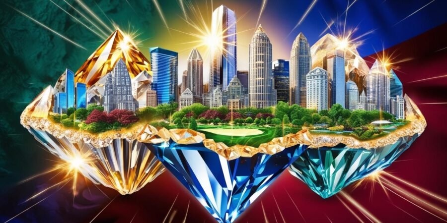 Nigeria's mining renaissance: Unleashing the power of minerals for a new era of prosperity. Mineral crystals transforming into a cityscape, symbolizing economic transformation.