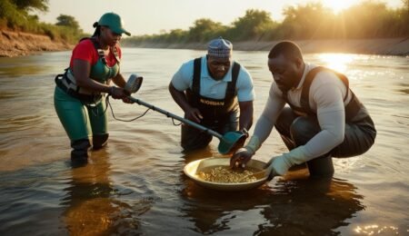 Teamwork in gold prospecting: Nigerian men and woman search for gold in a river, using a metal detector and a gold pan.