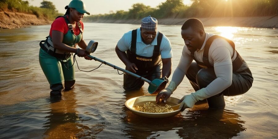 Combining detection and panning techniques for a successful gold hunt. Teamwork in gold prospecting: Nigerian men and woman search for gold in a river, using a metal detector and a gold pan.