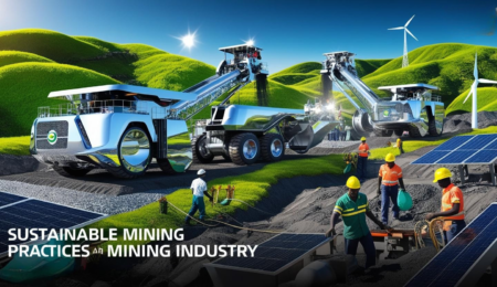 High-resolution image depicting sustainable mining practices in the Nigerian mining industry, featuring modern mining equipment, lush landscapes, community engagement, and renewable energy sources against a dark cinematic background.