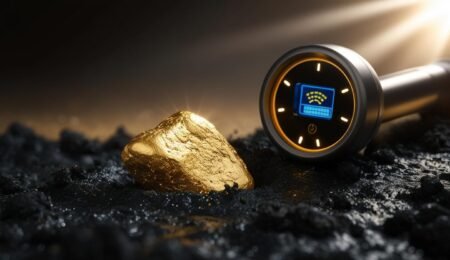 Modern gold detectors are revolutionizing mineral exploration, allowing prospectors to uncover hidden treasures with unprecedented accuracy. This image showcases a gold nugget being unearthed, highlighting the potential rewards of using this advanced technology. Close-up of a gold nugget partially buried in soil, with a modern gold detector in the background.