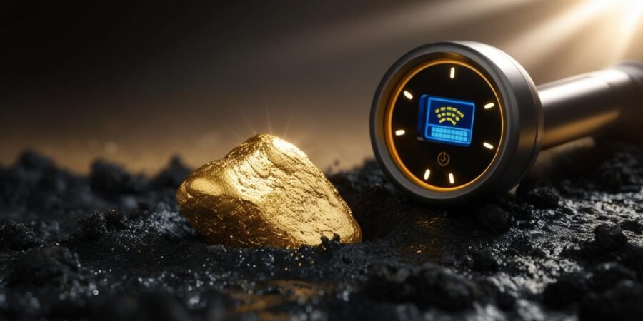 Close-up of a gold nugget partially buried in soil, with a modern gold detector in the background.