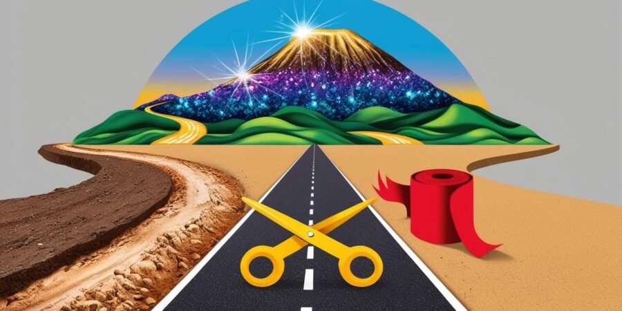 Nigeria's mining sector: A clear path for investors, no more red tape. A clear road leading to a mountain of minerals in Nigeria, with scissors cutting red tape, symbolizing a streamlined investment process.