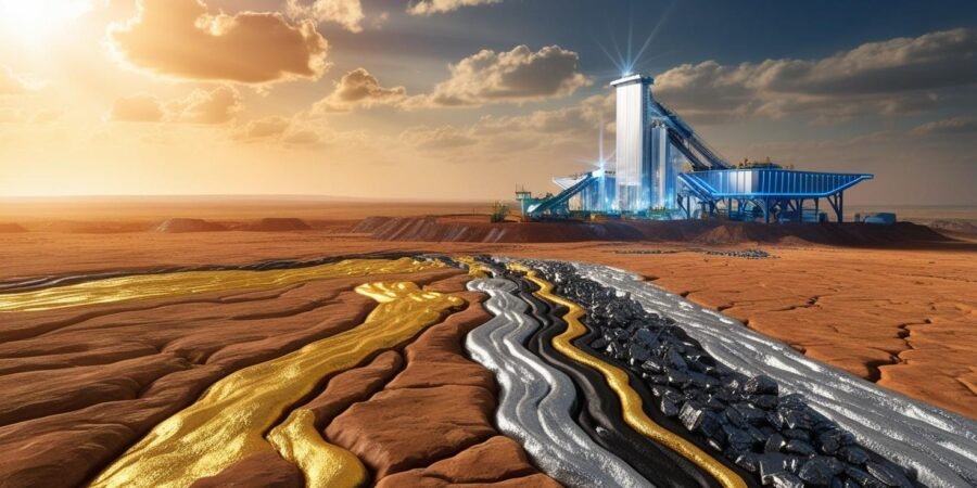 Nigeria's mining sector: A goldmine of opportunities for smart investors. Shimmering gold and silver veins in the Nigerian earth, symbolizing untapped mining potential.