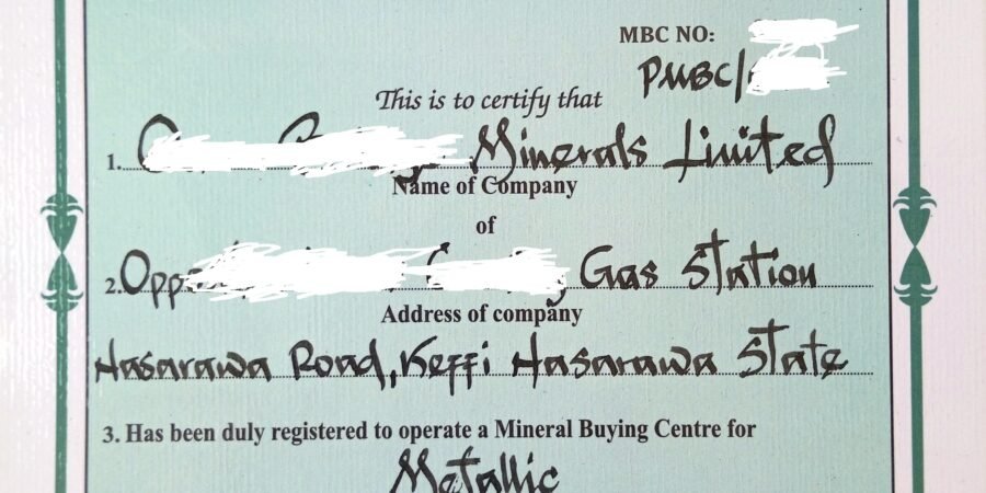 A sample certificate of registration for a Private Mineral Buying Center in Nigeria, showing proof of compliance with legal requirements. Official certificate of registration for a Private Mineral Buying Center in Nigeria, issued by the relevant mining authority.