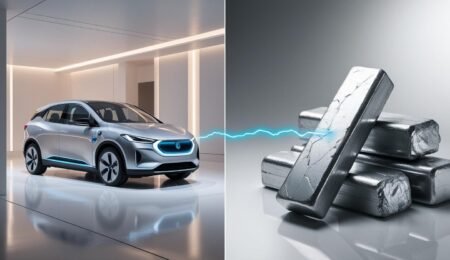 Nigerian lithium reserves are driving the future of electric vehicles, as global automakers seek sustainable battery materials to power the green energy revolution. Split-image concept showing a sleek electric vehicle on the left and raw lithium ore on the right, symbolizing the connection between Nigerian lithium reserves and the global EV industry.