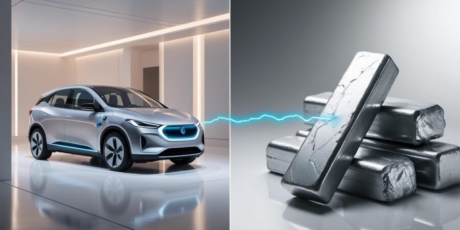 Nigerian lithium reserves are driving the future of electric vehicles, as global automakers seek sustainable battery materials to power the green energy revolution. Split-image concept showing a sleek electric vehicle on the left and raw lithium ore on the right, symbolizing the connection between Nigerian lithium reserves and the global EV industry.