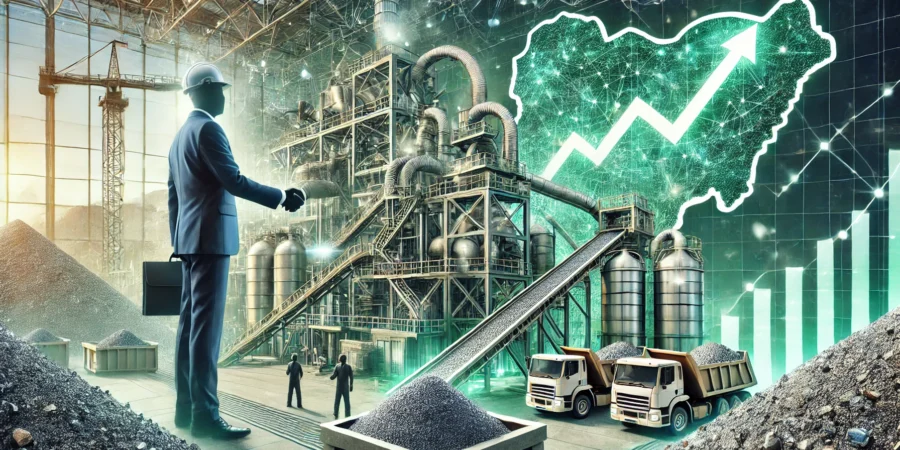 A futuristic mining industrial park in Nigeria featuring advanced processing plants, conveyor belts moving refined minerals, and a businessperson shaking hands with a miner. The image symbolizes investment, economic growth, and the financial potential of mineral beneficiation, with an upward-trending graph overlaid on Nigeria’s map in the background.