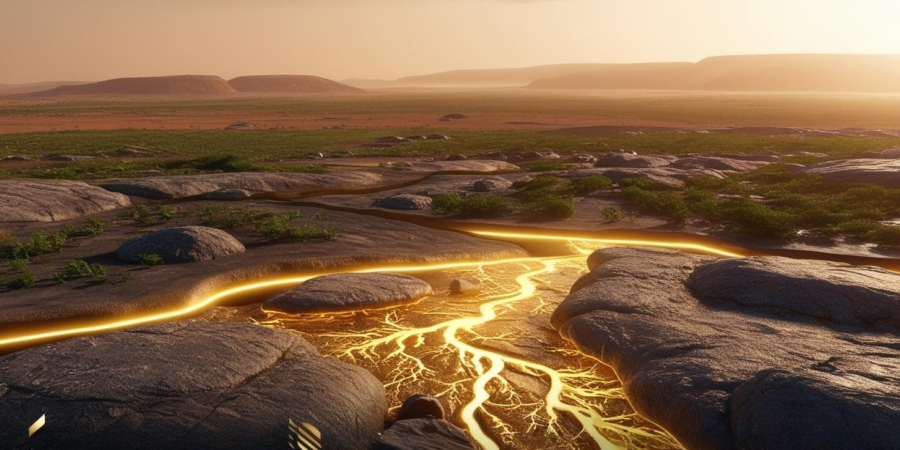A vast Nigerian landscape with a golden glow beneath the surface, symbolizing hidden gold deposits. The land consists of open fields and rocky terrain, with gold veins subtly revealed underground.
